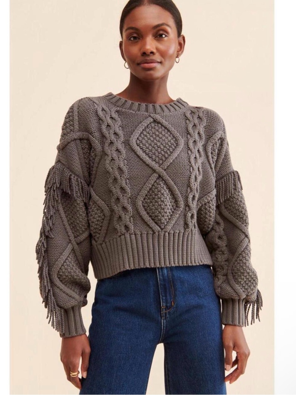 Line & Dot Gray Cable-Knit Fringe Crewneck Sweater